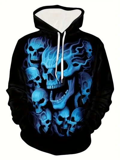 3D Grim Reaper / Skeleton Ghost Print kapuuts, meeste vabaaja kapuutsiga kampsun Kangaroo Pocket tänavarõivastega talveks sügiseks,