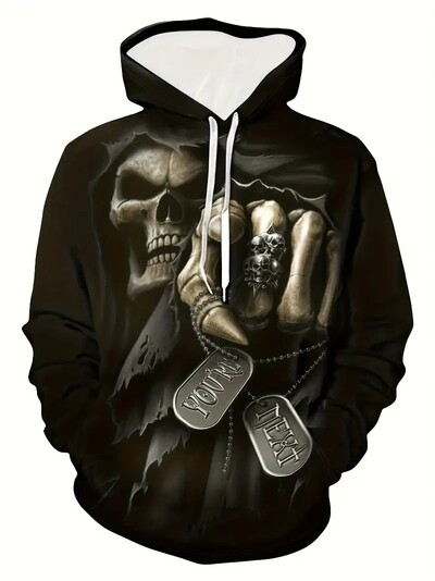 3D Grim Reaper / Skeleton Ghost Print kapuuts, meeste vabaaja kapuutsiga kampsun Kangaroo Pocket tänavarõivastega talveks sügiseks,