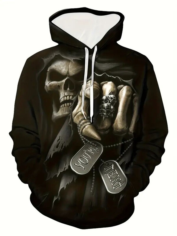 3D Grim Reaper / Skeleton Ghost Hoodie, ανδρικό φούτερ casual με κουκούλα και streetwear με τσέπη καγκουρό για το χειμερινό φθινόπωρο,