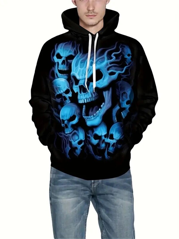 3D Grim Reaper / Skeleton Ghost Hoodie, ανδρικό φούτερ casual με κουκούλα και streetwear με τσέπη καγκουρό για το χειμερινό φθινόπωρο,