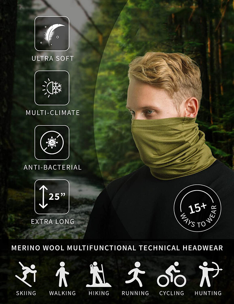 100% merino vlnený nákrčník, lyžiarsky nákrčník pre mužov, ľahký vlnený nákrčník, unisex merino vlnená pokrývka hlavy, jedna veľkosť
