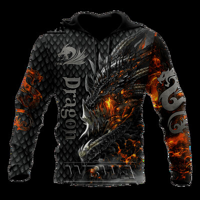 Красив Fire Dragon 3D Мъжки суитшърт с качулка с качулка, суичър с качулка, Есенно улично облекло Ежедневно яке, Анцуг KK749