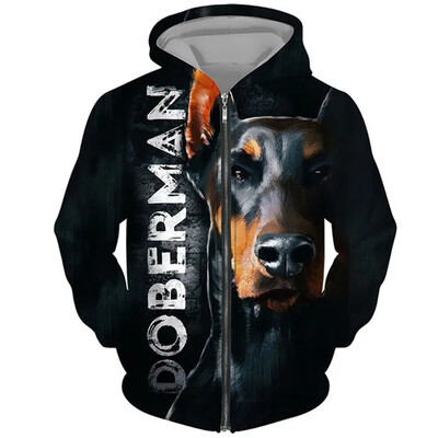 Doberman Dog 3D γραφικά κουκούλα με φερμουάρ για αρσενικά φούτερ Animel Μπλούζες πουλόβερ Streetwear Μπλούζες για ανδρικά ρούχα Hoodie Προσφορές