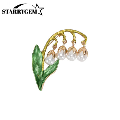 Enamel Bell Orchid Brooches for Women Pearl Flower Pins Office Party Friend Gifts Accessories