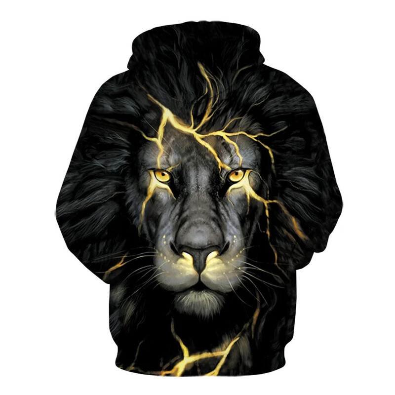 Jachetă cu glugă cu glugă cu leu fioros cu mânecă lungă, cu model de animale, imprimată 3D, pentru bărbați și femei, top lejer și confortabil