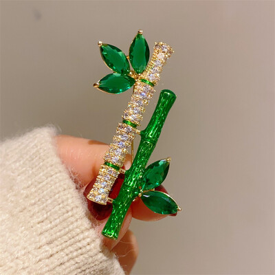 Fashion Green Rhinestone Bamboo Leaf Brooches For Women Vintage Plant Safety Pins Creative Corsage Badge Jewelry