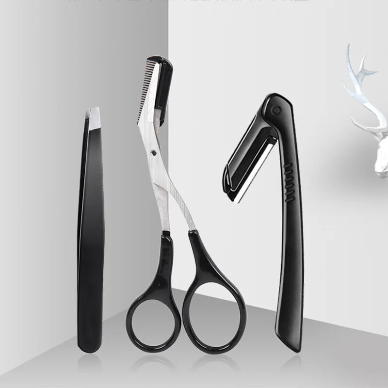 Kit de tuns sprâncene pliabil din oțel inoxidabil de 3 buc Foarfece pentru sprâncene Pieptene pentru modelarea sprâncenelor pentru față Dispozitiv de îndepărtare a părului Instrumente de machiaj