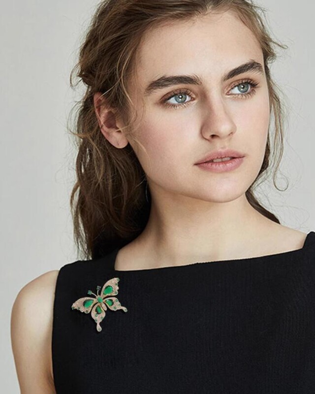Moda femei fete elegante smarald cristal fluture broșe insigne clasic rochie damă costum high-end ace bijuterii