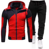 Мъжки есенно-зимен модерен суичър с качулка с цип + черен спортен панталон от две части за открито, ветроустойчив и топъл комплект за бягане