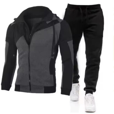 Мъжки есенно-зимен модерен суичър с качулка с цип + черен спортен панталон от две части за открито, ветроустойчив и топъл комплект за бягане
