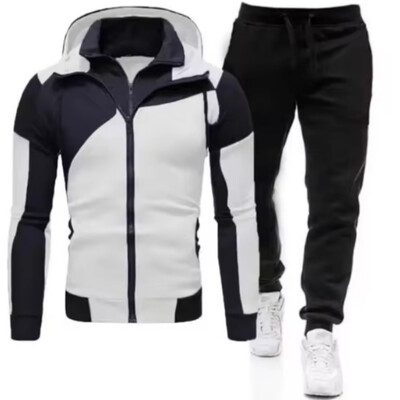 Мъжки есенно-зимен модерен суичър с качулка с цип + черен спортен панталон от две части за открито, ветроустойчив и топъл комплект за бягане