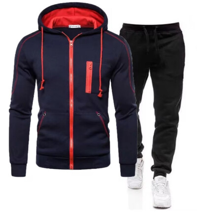 Мъжки есенно-зимен модерен суичър с качулка с цип + черен спортен панталон от две части за открито, ветроустойчив и топъл комплект за бягане