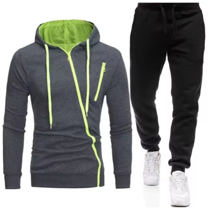 Мъжки есенно-зимен модерен суичър с качулка с цип + черен спортен панталон от две части за открито, ветроустойчив и топъл комплект за бягане