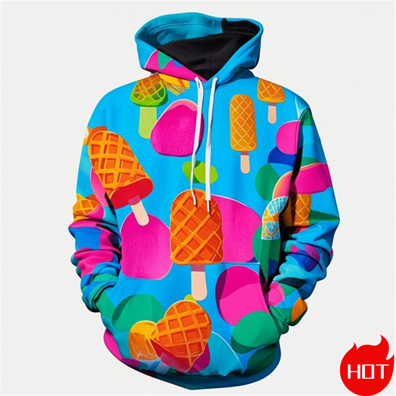 Φθινοπωρινή μόδα Τρισδιάστατες κουκούλες με στάμπα με παγωτό για άνδρες Μόδα Streetwear Νέα σε Φούτερ και φούτερ Ανδρικά ρούχα πουλόβερ