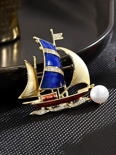 Vintage Enamel Blue Sailboat Brooches Caribbean Pirate Ship Lapel Pin For Men Women Clothing Luxury Accessories Jewelry