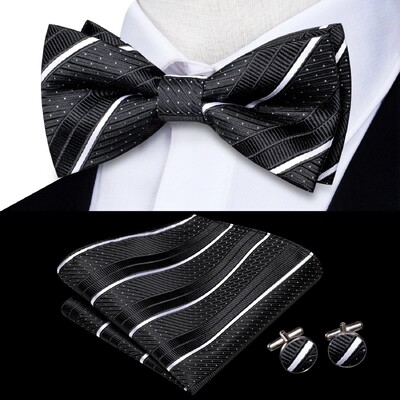 Hi-Tie Black Paisley gėlėtas kieto šilko iš anksto surištas vyriškas peteliškės rankogalių segtukų rinkinys peteliškės kaklaraištis, skirtas vyriškų žakardo vestuvių verslui