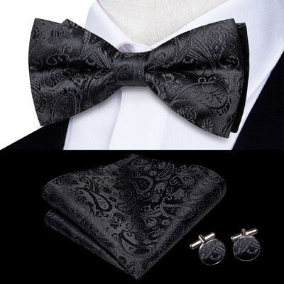 Hi-Tie Black Paisley gėlėtas kieto šilko iš anksto surištas vyriškas peteliškės rankogalių segtukų rinkinys peteliškės kaklaraištis, skirtas vyriškų žakardo vestuvių verslui