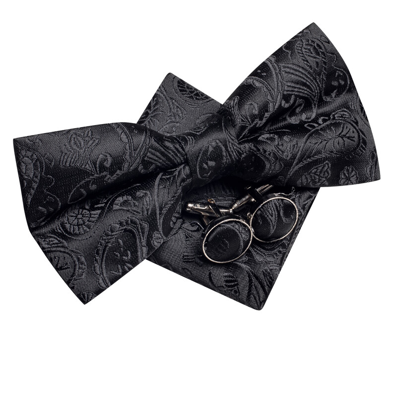 Hi-Tie Black Paisley gėlėtas kieto šilko iš anksto surištas vyriškas peteliškės rankogalių segtukų rinkinys peteliškės kaklaraištis, skirtas vyriškų žakardo vestuvių verslui