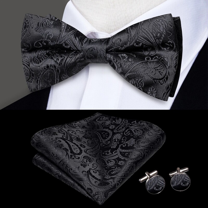 Hi-Tie Black Paisley gėlėtas kieto šilko iš anksto surištas vyriškas peteliškės rankogalių segtukų rinkinys peteliškės kaklaraištis, skirtas vyriškų žakardo vestuvių verslui