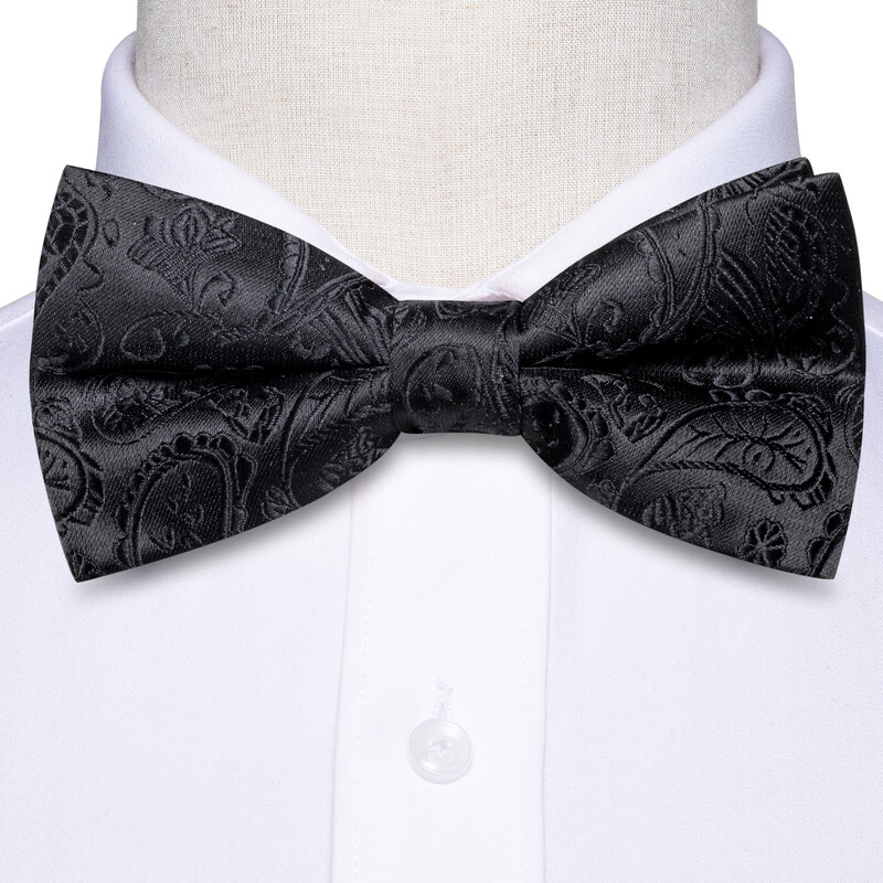 Hi-Tie Black Paisley gėlėtas kieto šilko iš anksto surištas vyriškas peteliškės rankogalių segtukų rinkinys peteliškės kaklaraištis, skirtas vyriškų žakardo vestuvių verslui
