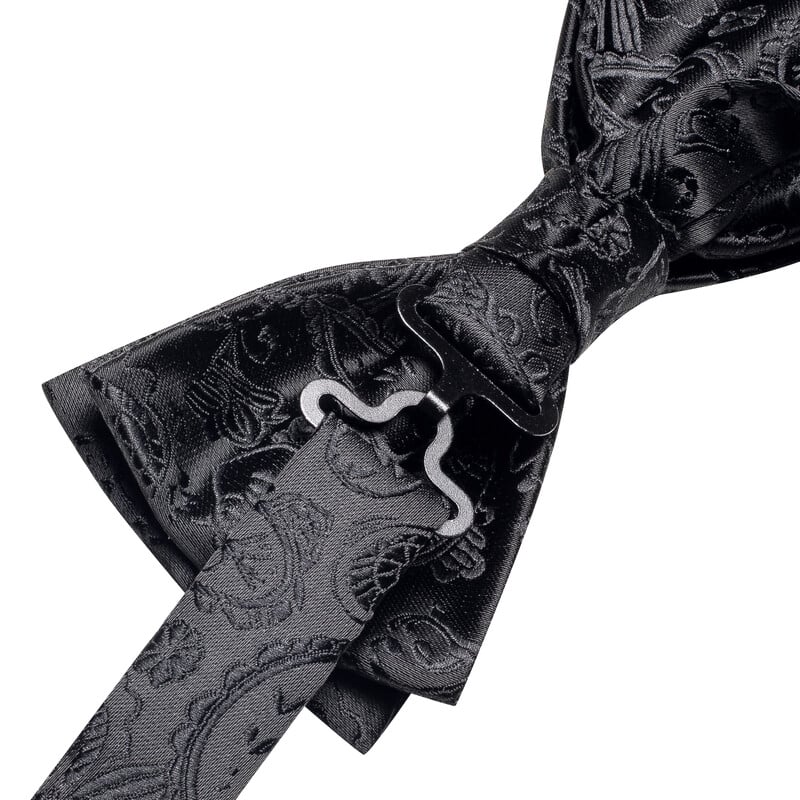 Hi-Tie Black Paisley gėlėtas kieto šilko iš anksto surištas vyriškas peteliškės rankogalių segtukų rinkinys peteliškės kaklaraištis, skirtas vyriškų žakardo vestuvių verslui
