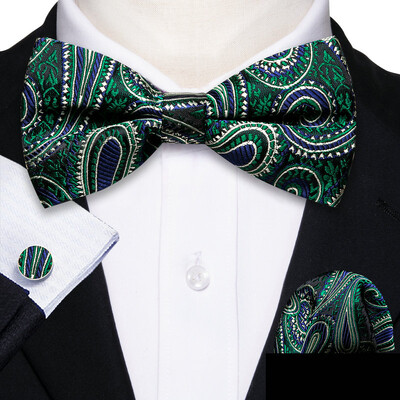 Barry.Wang roheline sinakassinine piparmünt Salvei siidist meeste kikilips Jacquard Paisley lilleline eelseotud kikilips Hanky mansetinööpide komplekt pulmaäri