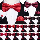 Barry.Wang Roșu Maroon Burgundy Mătase Papion bărbați Jacquard Paisley Floral Prelegat Papioni Set de butoni cu papion Nunta Afaceri