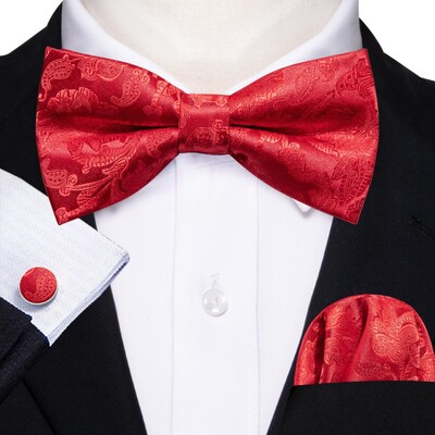 Barry.Wang Roșu Maroon Burgundy Mătase Papion bărbați Jacquard Paisley Floral Prelegat Papioni Set de butoni cu papion Nunta Afaceri