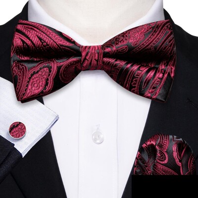 Barry.Wang Roșu Maroon Burgundy Mătase Papion bărbați Jacquard Paisley Floral Prelegat Papioni Set de butoni cu papion Nunta Afaceri