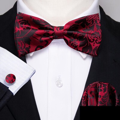 Barry.Wang Roșu Maroon Burgundy Mătase Papion bărbați Jacquard Paisley Floral Prelegat Papioni Set de butoni cu papion Nunta Afaceri