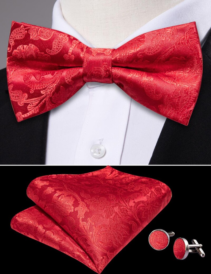Barry.Wang Sarkans sarkanbrūns bordo zīda vīriešu tauriņš, žakarda Paisley, ziedu, iepriekš sasiets tauriņš Hanky aproču pogu komplekts kāzu biznesam