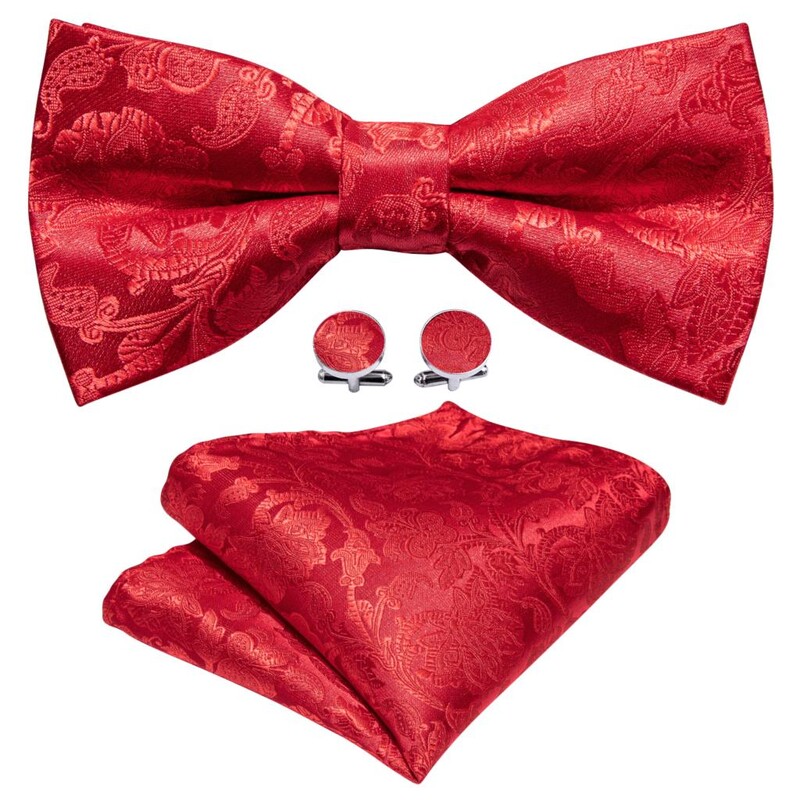 Barry.Wang Sarkans sarkanbrūns bordo zīda vīriešu tauriņš, žakarda Paisley, ziedu, iepriekš sasiets tauriņš Hanky aproču pogu komplekts kāzu biznesam