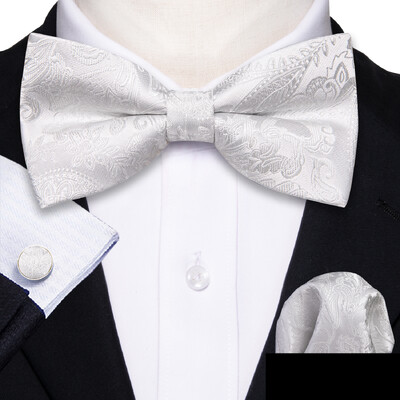 Barry.Wang Λευκό Μαύρο Γκρι Ασημί ανδρικό παπιγιόν Jacquard Paisley Floral προδεμένο παπιγιόν Hanky σετ μανικετόκουμπας Γάμος Business