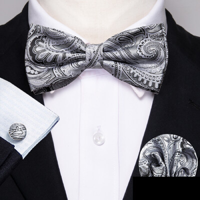 Barry.Wang Λευκό Μαύρο Γκρι Ασημί ανδρικό παπιγιόν Jacquard Paisley Floral προδεμένο παπιγιόν Hanky σετ μανικετόκουμπας Γάμος Business