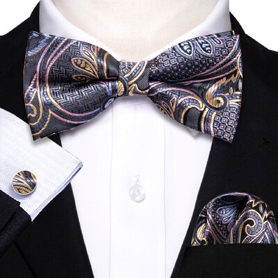 Barry.Wang Λευκό Μαύρο Γκρι Ασημί ανδρικό παπιγιόν Jacquard Paisley Floral προδεμένο παπιγιόν Hanky σετ μανικετόκουμπας Γάμος Business