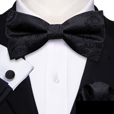 Barry.Wang Λευκό Μαύρο Γκρι Ασημί ανδρικό παπιγιόν Jacquard Paisley Floral προδεμένο παπιγιόν Hanky σετ μανικετόκουμπας Γάμος Business