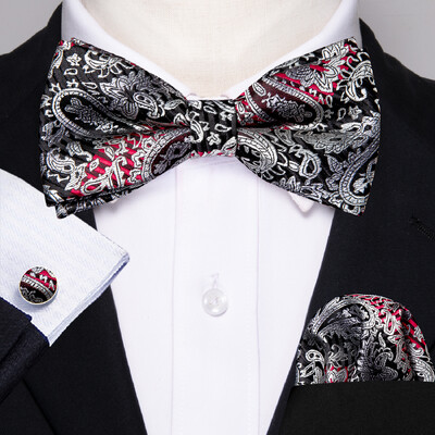 Barry.Wang Λευκό Μαύρο Γκρι Ασημί ανδρικό παπιγιόν Jacquard Paisley Floral προδεμένο παπιγιόν Hanky σετ μανικετόκουμπας Γάμος Business
