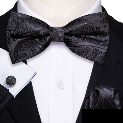Barry.Wang Λευκό Μαύρο Γκρι Ασημί ανδρικό παπιγιόν Jacquard Paisley Floral προδεμένο παπιγιόν Hanky σετ μανικετόκουμπας Γάμος Business