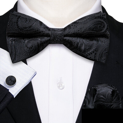 Barry.Wang Λευκό Μαύρο Γκρι Ασημί ανδρικό παπιγιόν Jacquard Paisley Floral προδεμένο παπιγιόν Hanky σετ μανικετόκουμπας Γάμος Business