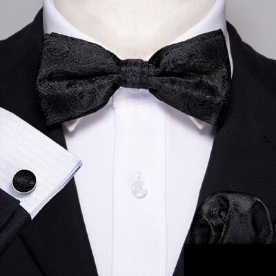 Barry.Wang Λευκό Μαύρο Γκρι Ασημί ανδρικό παπιγιόν Jacquard Paisley Floral προδεμένο παπιγιόν Hanky σετ μανικετόκουμπας Γάμος Business