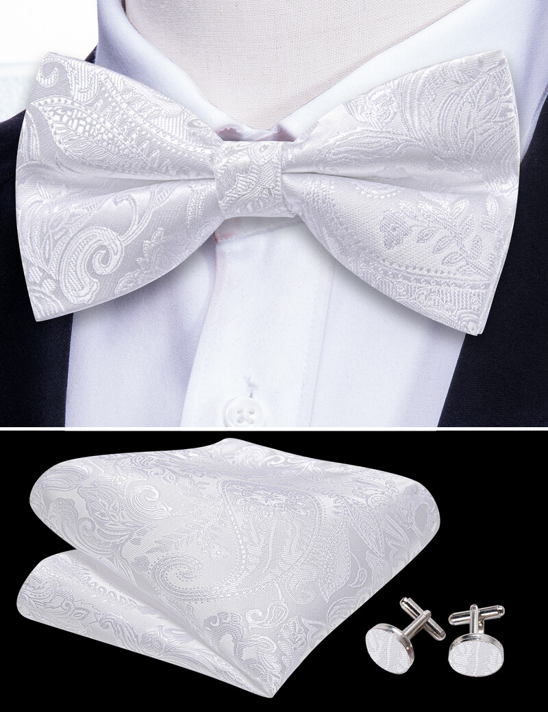 Barry.Wang Λευκό Μαύρο Γκρι Ασημί ανδρικό παπιγιόν Jacquard Paisley Floral προδεμένο παπιγιόν Hanky σετ μανικετόκουμπας Γάμος Business