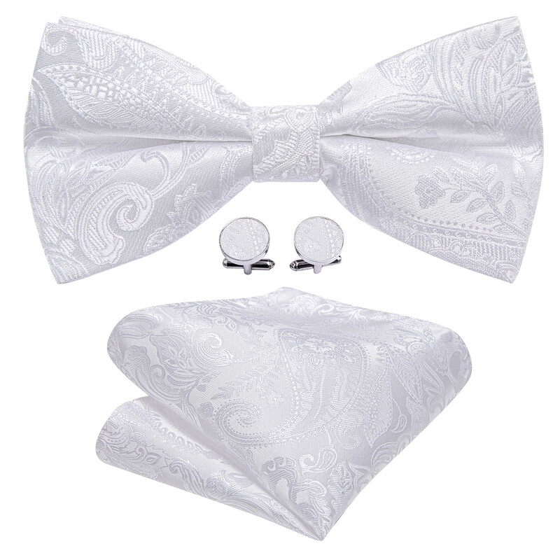Barry.Wang Λευκό Μαύρο Γκρι Ασημί ανδρικό παπιγιόν Jacquard Paisley Floral προδεμένο παπιγιόν Hanky σετ μανικετόκουμπας Γάμος Business