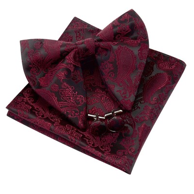 Ricnais Νέο Σχέδιο Paisley Silk Μεγάλο παπιγιόν Σετ μανικετόκουμπα για άντρες Επαγγελματικό παπιγιόν γάμου Τσέπη τετράγωνο Δώρα Γραβάτες