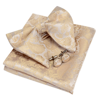 Ricnais Νέο Σχέδιο Paisley Silk Μεγάλο παπιγιόν Σετ μανικετόκουμπα για άντρες Επαγγελματικό παπιγιόν γάμου Τσέπη τετράγωνο Δώρα Γραβάτες