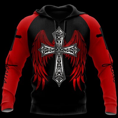 Пролетна есенна татуировка Skeleton Cross Terror Червен 3d печатен мъжки суичър с качулка Ежедневни анцузи Raven Bad Wolf Animal Clothing