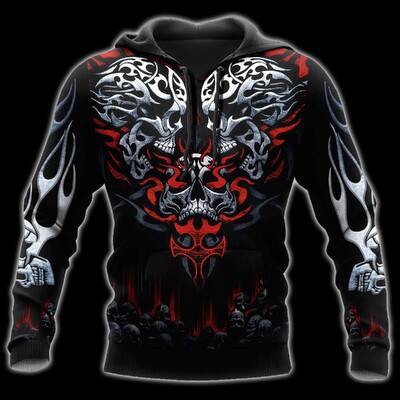 Пролетна есенна татуировка Skeleton Cross Terror Червен 3d печатен мъжки суичър с качулка Ежедневни анцузи Raven Bad Wolf Animal Clothing