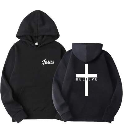 Hanorace cu glugă imprimate Believe Cross Jesus pentru bărbați, design pentru bărbați, cu șnur, topuri Harajuku, primăvară toamnă, îmbrăcăminte de stradă, îmbrăcăminte sport