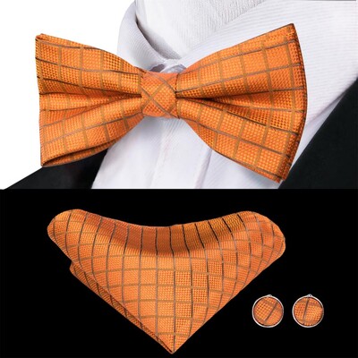 Papion pentru bărbați din mătase Hi-Tie, set de butoni cu batiste, portocaliu, mandarină, cu nod fluture, pentru afaceri de nuntă masculine