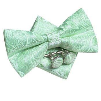 Hi-Tie Копринена мъжка папийонка Комплект копчета за ръкавели Sage Mint Grass Teal Green Предварително вързана папийонка с пеперуда за мъжки сватбен бизнес