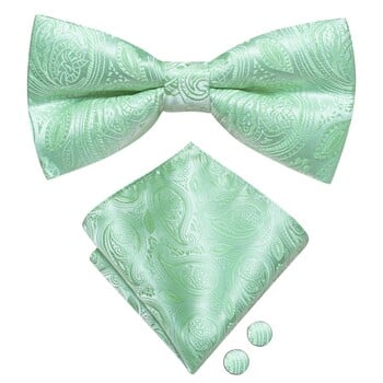 Hi-Tie Копринена мъжка папийонка Комплект копчета за ръкавели Sage Mint Grass Teal Green Предварително вързана папийонка с пеперуда за мъжки сватбен бизнес